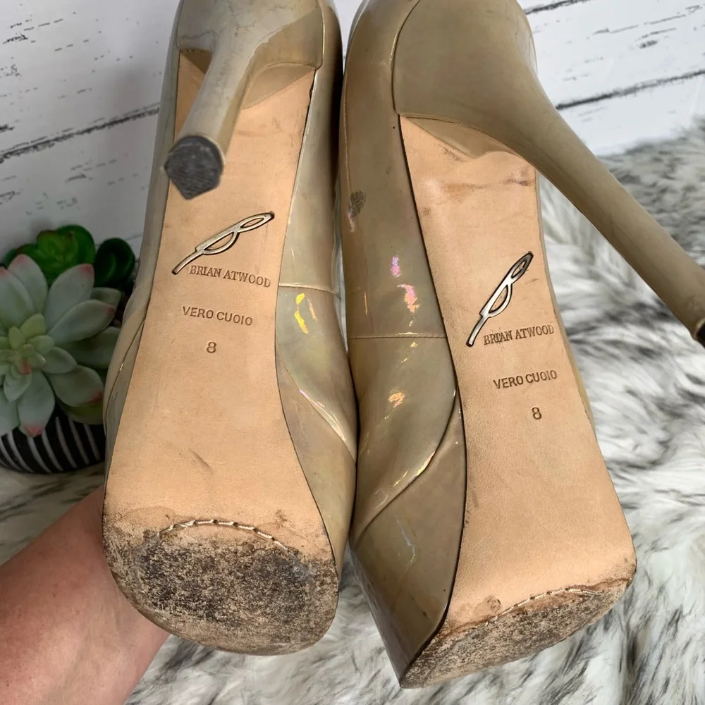BRIAN ATWOOD Nude Designer Patent Leather Open Toe Platform Heels *AS IS*, 8